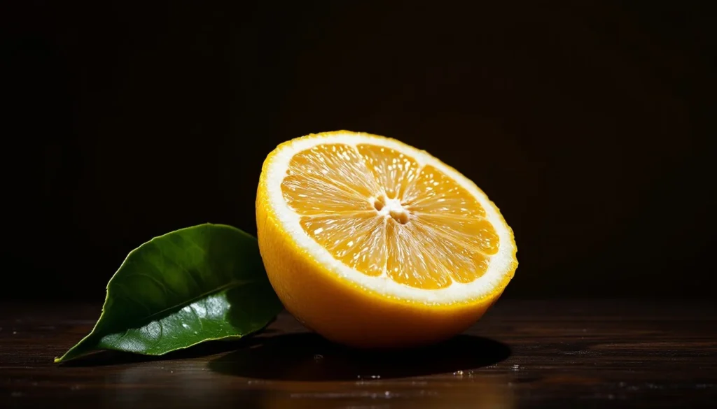 Freshly sliced lemon with a vibrant green leaf—nature’s perfect burst of citrus and zest