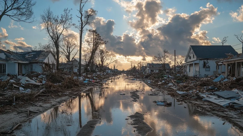 A devastated residential area highlighting the urgent need for an emergency kit